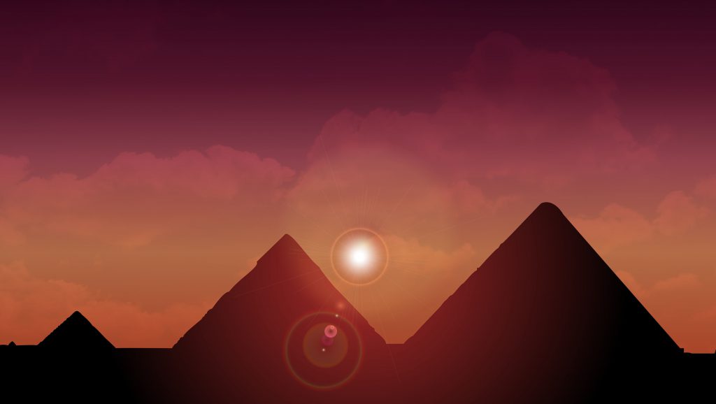 paysage des pyramides en Egypte Gizeh soleil couchant illustration minimalism colorée couleurs chaudes